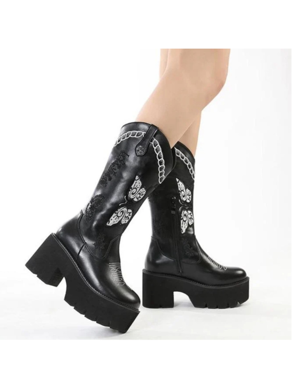 Y2K Grunge Butterfly Embroidered Platform Cowboy Boots Goth Punk MidCalf SZ 36**